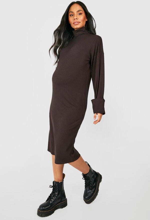 boohoo Zwangerschap Zachte Geribbelde Midi Trui Jurk Met Col, Chocolate