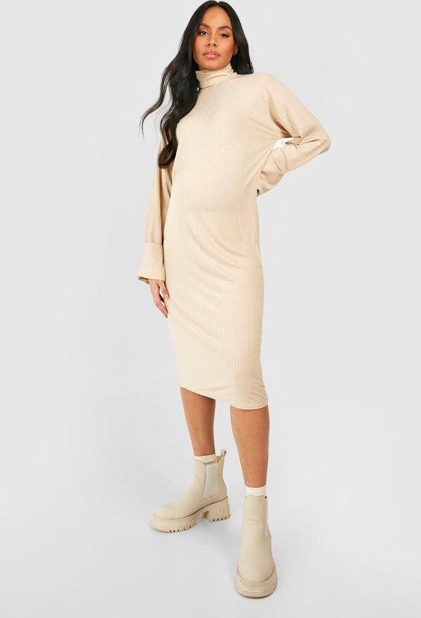 boohoo Zwangerschap Zachte Geribbelde Midi Trui Jurk Met Col, Taupe