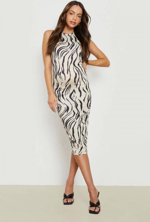 boohoo Zwangerschap Zebraprint Midi Jurk Met Racer Hals, Stone