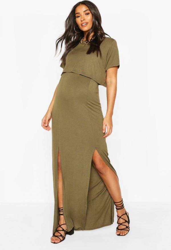 boohoo Zwangerschaps Borstvoeding T Shirt Jurk Met Voorsplit, Khaki